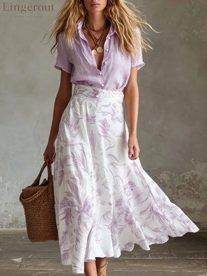 Contrast Floral Skirt Shirt Matching Co-ord Set - Purple / S