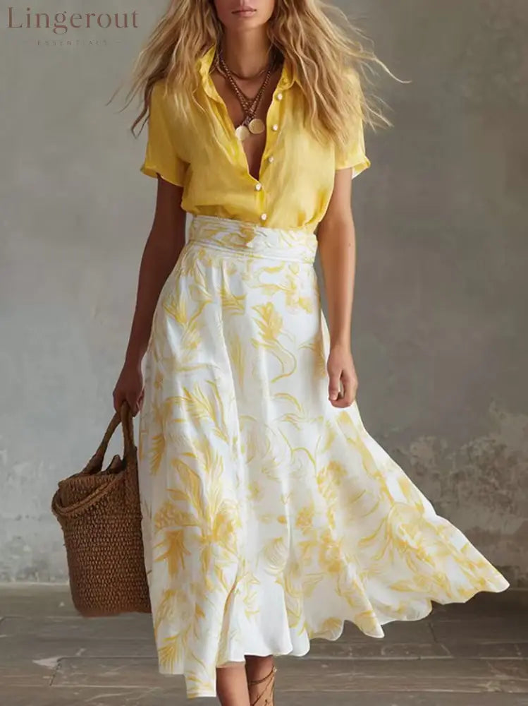 Contrast Floral Skirt Shirt Matching Co-ord Set - Yellow / S