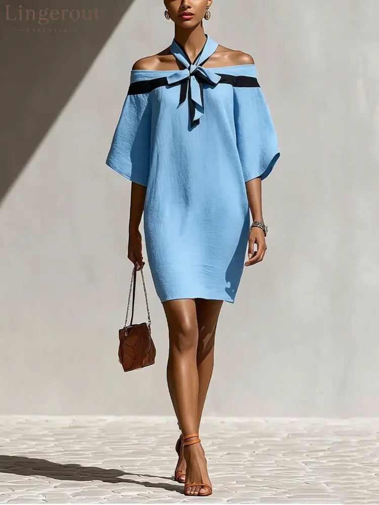 Contrast Halter Tie Off Shoulder Loose Mini Tunic Dress - Blue / S