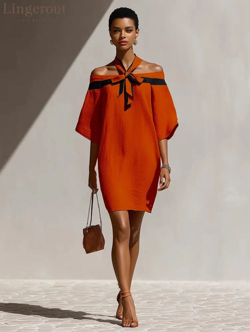 Contrast Halter Tie Off Shoulder Loose Mini Tunic Dress - Orange color / S