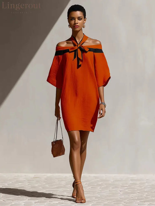 Contrast Halter Tie Off Shoulder Loose Mini Tunic Dress - Orange color / S