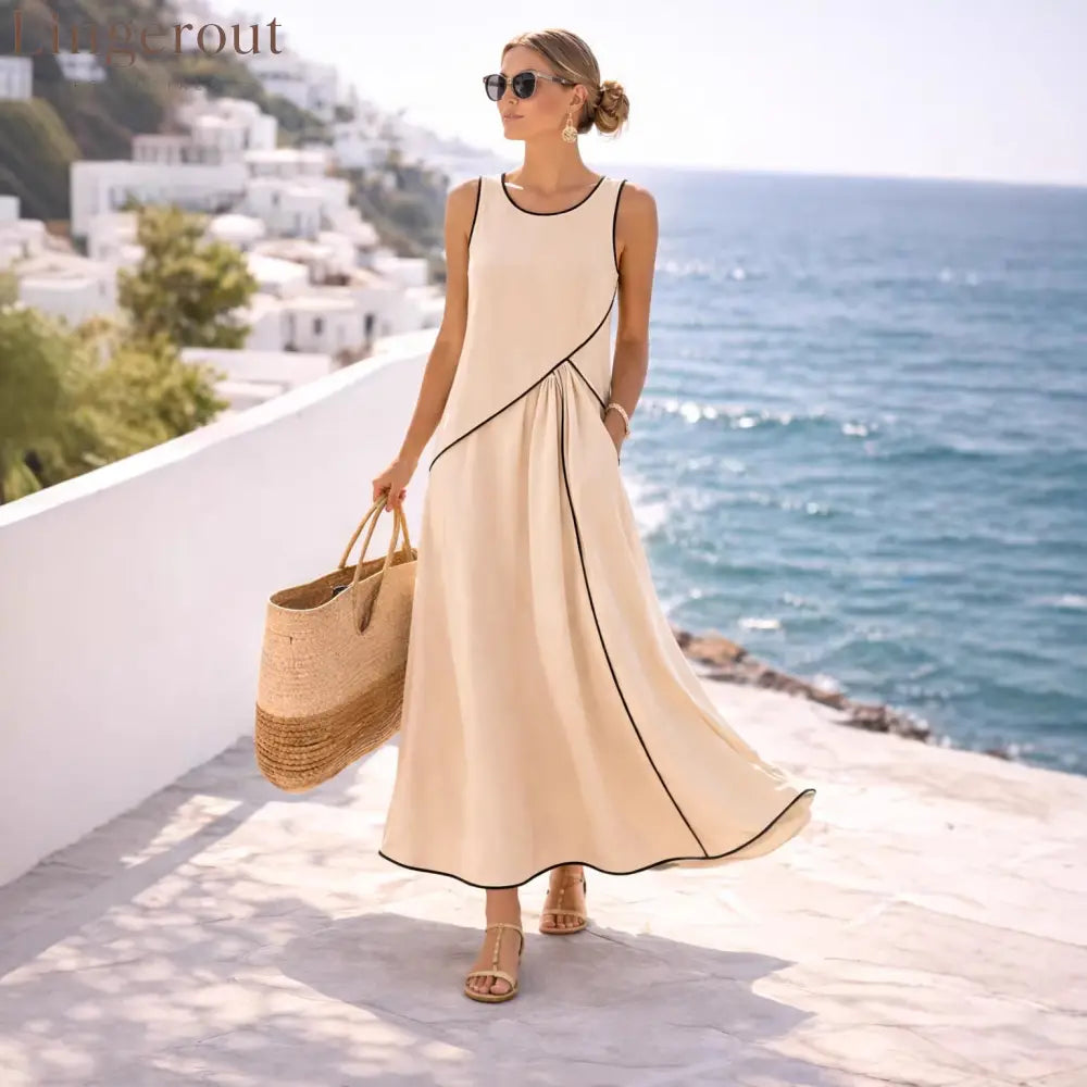 Contrast Piping Sleeveless A-Line Maxi Dress With Side Pockets