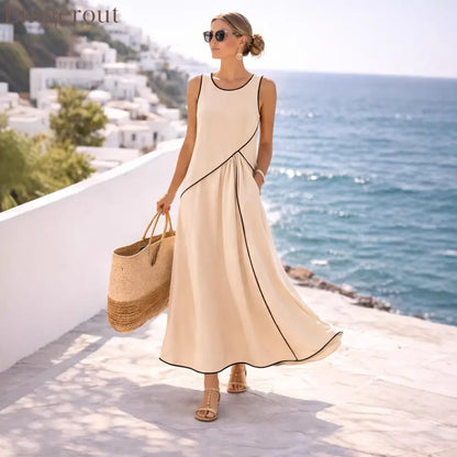 Contrast Piping Sleeveless A-Line Maxi Dress With Side Pockets
