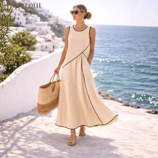 Contrast Piping Sleeveless A-Line Maxi Dress With Side Pockets - Apricot / S