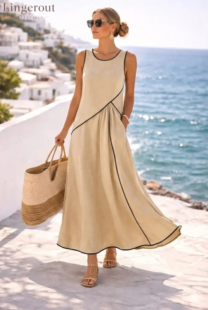 Contrast Piping Sleeveless A-Line Maxi Dress With Side Pockets - Champagne / S