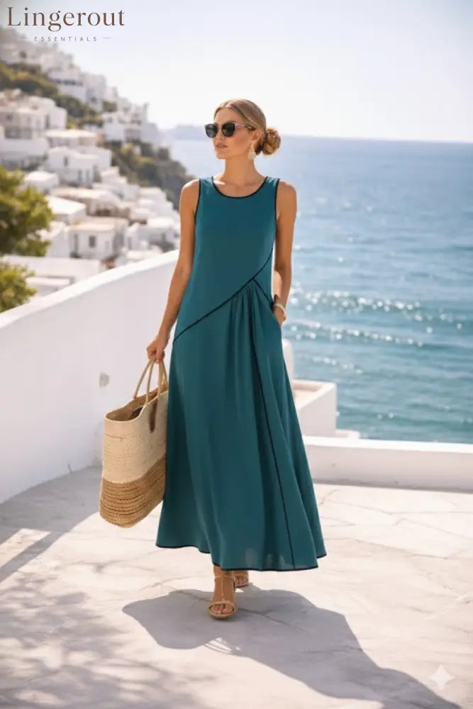 Contrast Piping Sleeveless A-Line Maxi Dress With Side Pockets - Ocean green / S