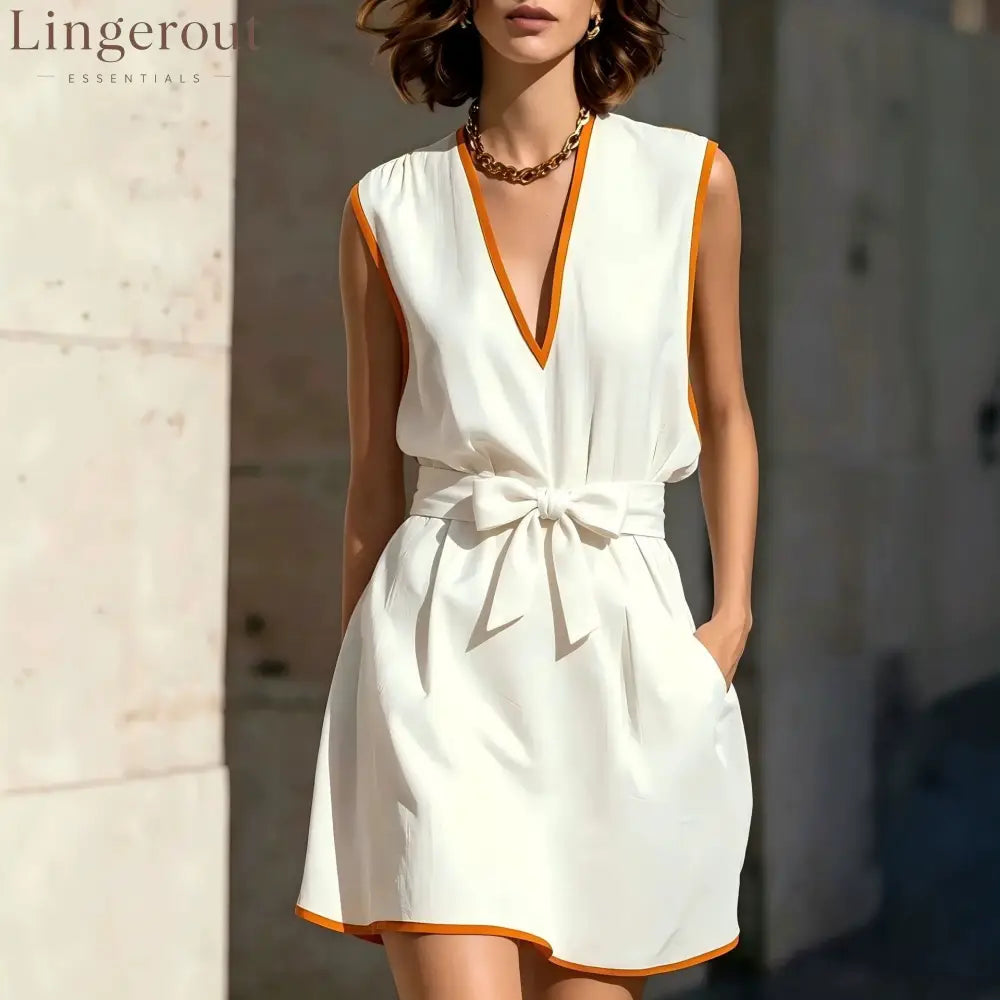 Contrast Piping V-Neck Self Tie Belt Sleeveless Mini Dress