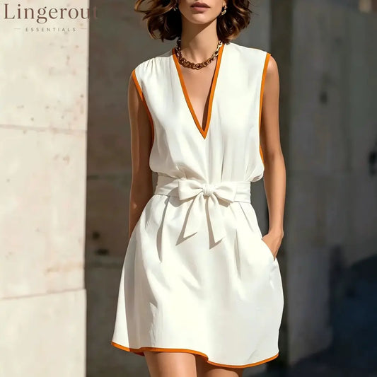 Contrast Piping V-Neck Self Tie Belt Sleeveless Mini Dress