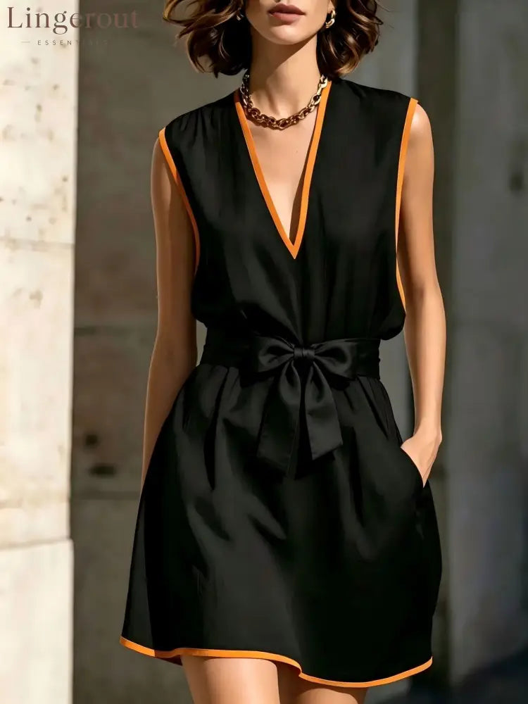Contrast Piping V-Neck Self Tie Belt Sleeveless Mini Dress - Black / S