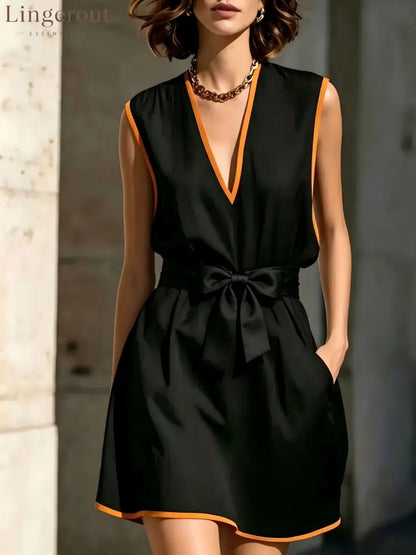 Contrast Piping V-Neck Self Tie Belt Sleeveless Mini Dress - Black / S