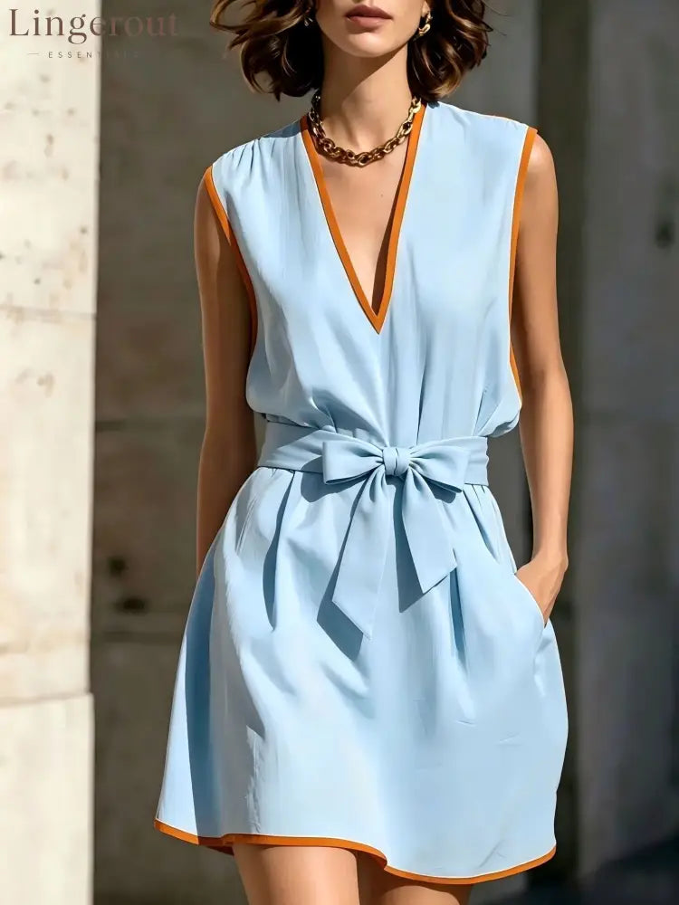 Contrast Piping V-Neck Self Tie Belt Sleeveless Mini Dress - Light blue / S
