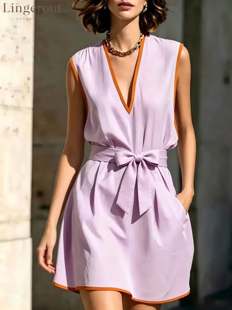 Contrast Piping V-Neck Self Tie Belt Sleeveless Mini Dress - Light purple / S