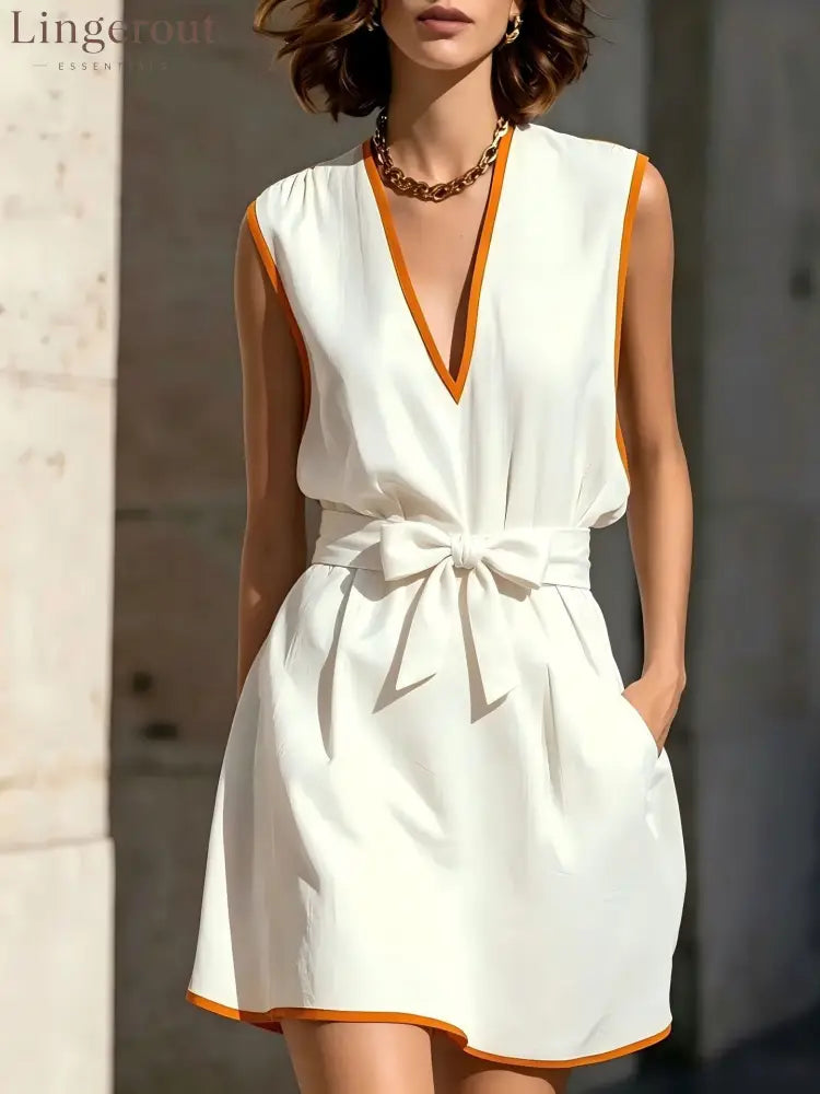 Contrast Piping V-Neck Self Tie Belt Sleeveless Mini Dress - White / S