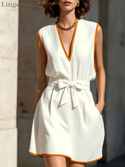 Contrast Piping V-Neck Self Tie Belt Sleeveless Mini Dress - White / S
