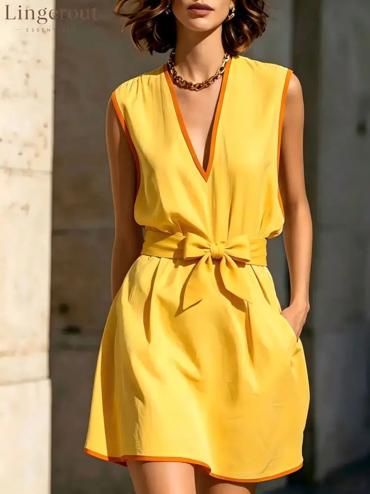 Contrast Piping V-Neck Self Tie Belt Sleeveless Mini Dress - Yellow / S