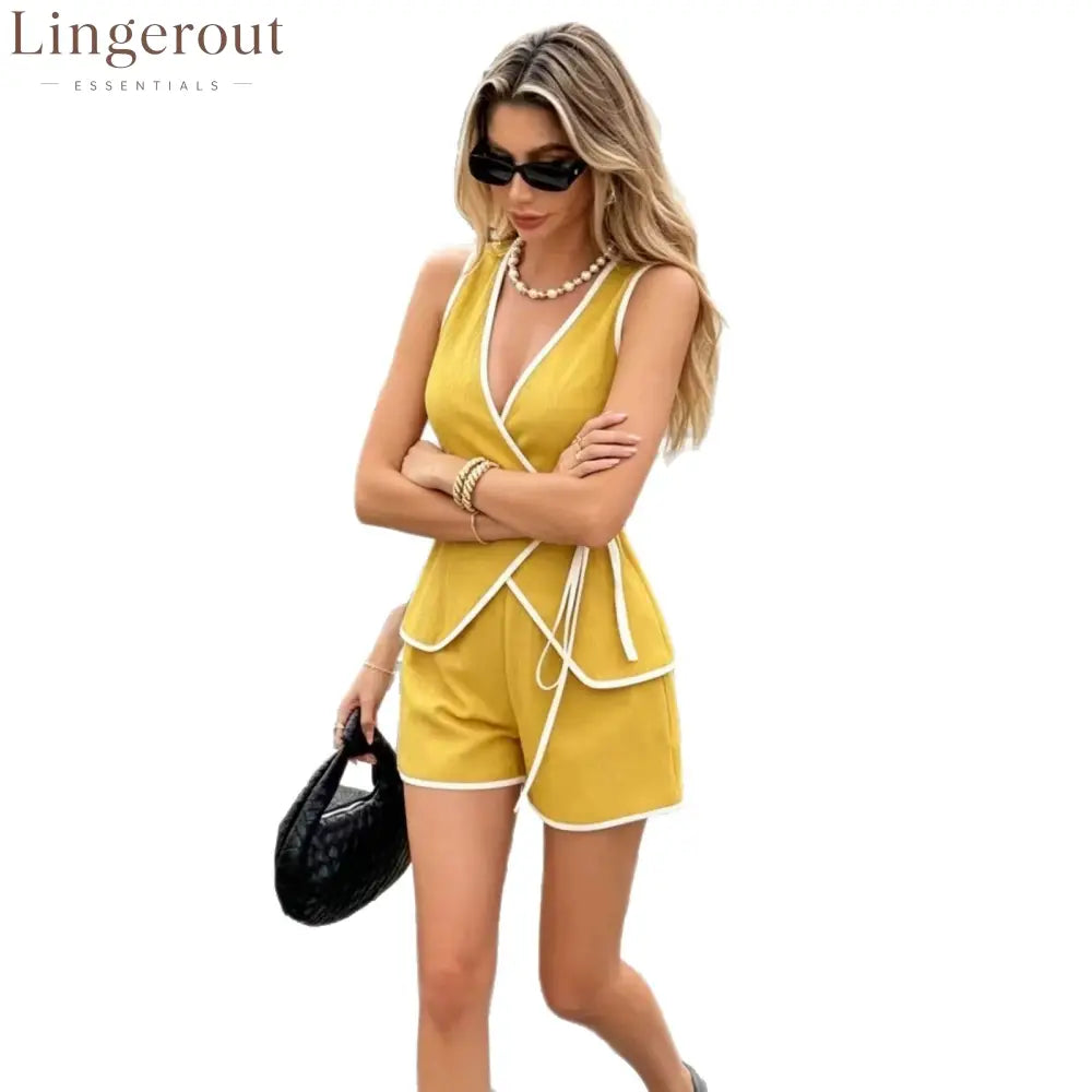 Contrast Piping Wrap V Neck Sleeveless Top & Shorts 2 Piece Co-Ord Set