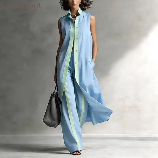 Contrast Sleeveless Tunic & Wide-Leg Pants Set Modern Sophistication Effortless Tailored Style