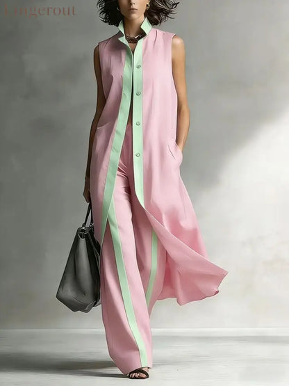 Contrast Sleeveless Tunic & Wide-Leg Pants Set Modern Sophistication Effortless Tailored Style - Pink / S