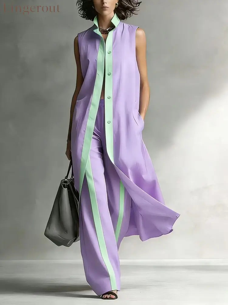 Contrast Sleeveless Tunic & Wide-Leg Pants Set Modern Sophistication Effortless Tailored Style - Purple / S