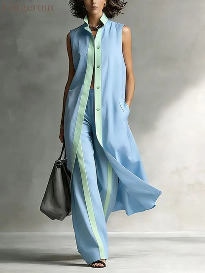 Contrast Sleeveless Tunic & Wide-Leg Pants Set Modern Sophistication Effortless Tailored Style - Sky blue / S