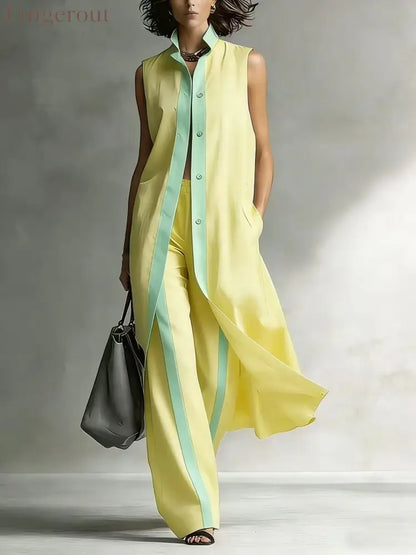 Contrast Sleeveless Tunic & Wide-Leg Pants Set Modern Sophistication Effortless Tailored Style - Yellow / S