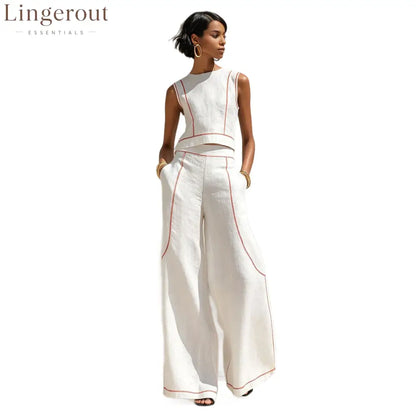 Contrast Stitch Crop Top & Wide-Leg Pants Set