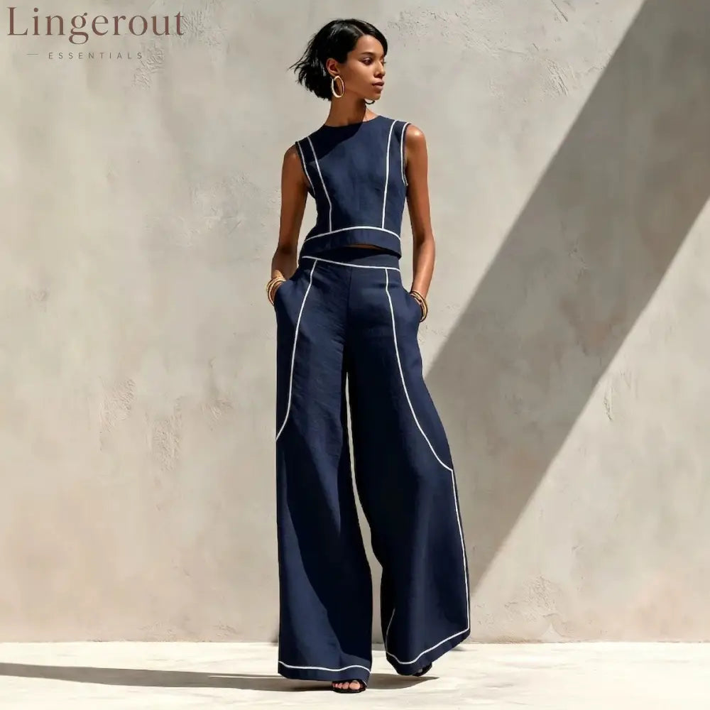 Contrast Stitch Crop Top & Wide-Leg Pants Set