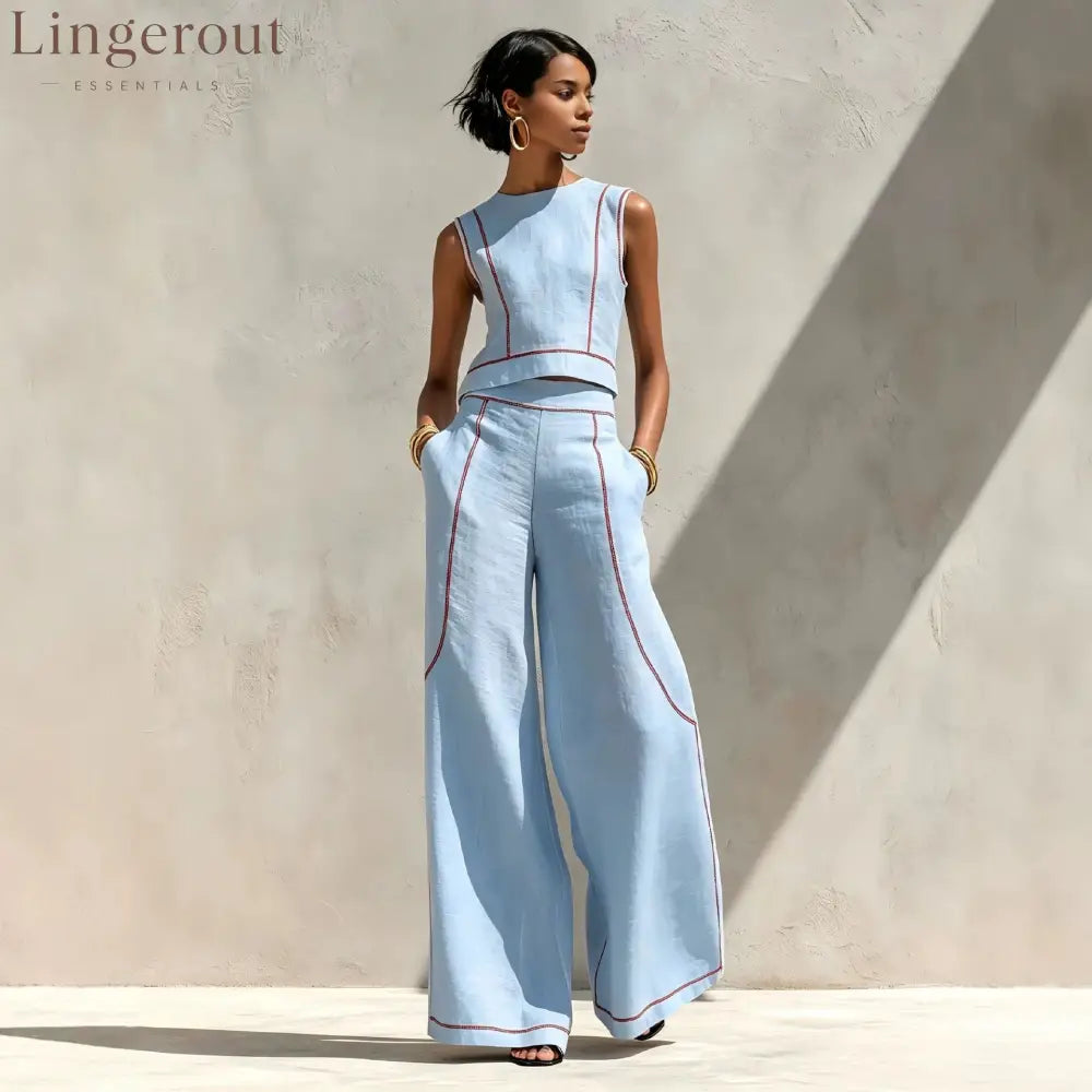 Contrast Stitch Crop Top & Wide-Leg Pants Set