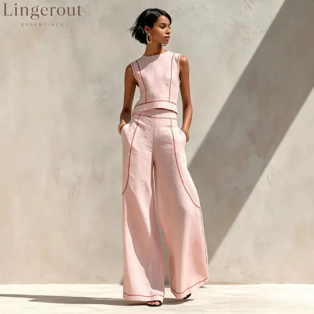 Contrast Stitch Crop Top & Wide-Leg Pants Set
