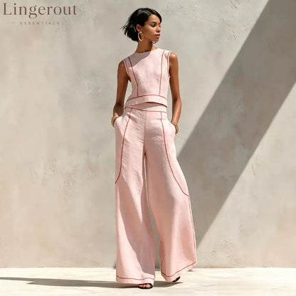 Contrast Stitch Crop Top & Wide-Leg Pants Set