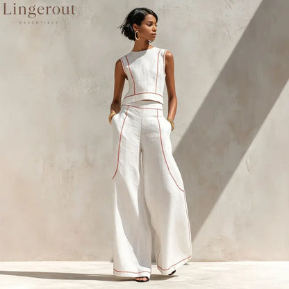 Contrast Stitch Crop Top & Wide-Leg Pants Set
