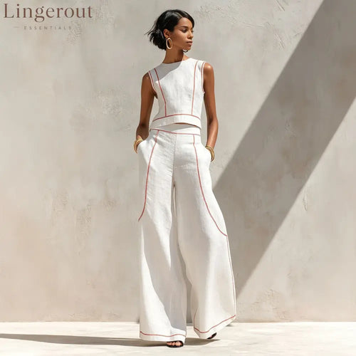 Contrast Stitch Crop Top & Wide-Leg Pants Set