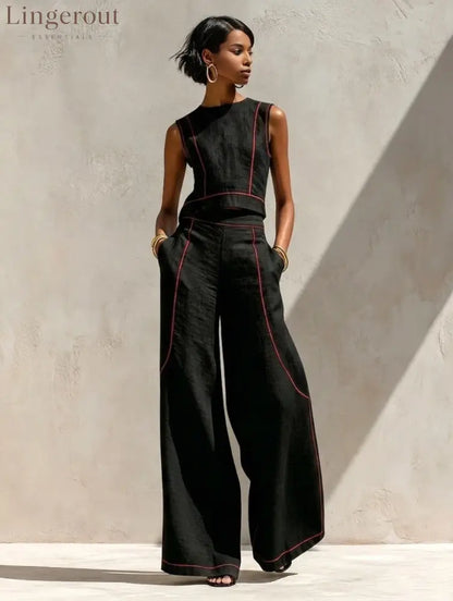 Contrast Stitch Crop Top & Wide-Leg Pants Set - Black red / S