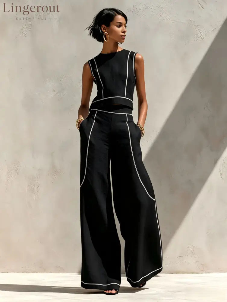 Contrast Stitch Crop Top & Wide-Leg Pants Set - Black / S