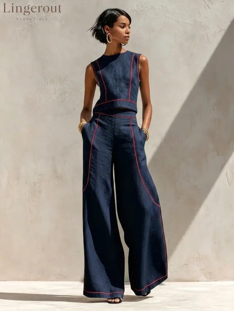 Contrast Stitch Crop Top & Wide-Leg Pants Set - Blue red / S