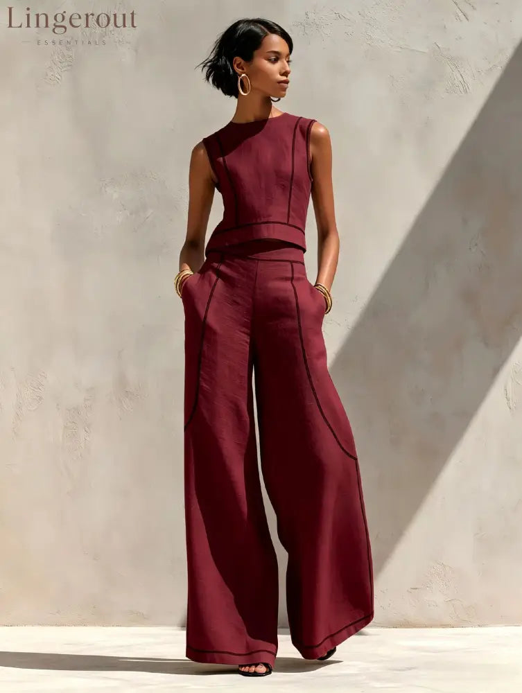 Contrast Stitch Crop Top & Wide-Leg Pants Set - Claret / S