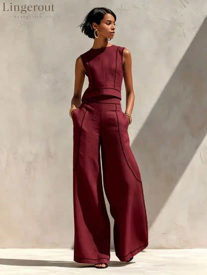 Contrast Stitch Crop Top & Wide-Leg Pants Set - Claret / S