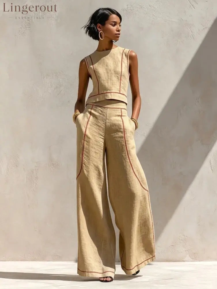 Contrast Stitch Crop Top & Wide-Leg Pants Set - Khaki / S