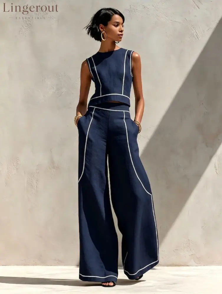Contrast Stitch Crop Top & Wide-Leg Pants Set - Navy blue / S