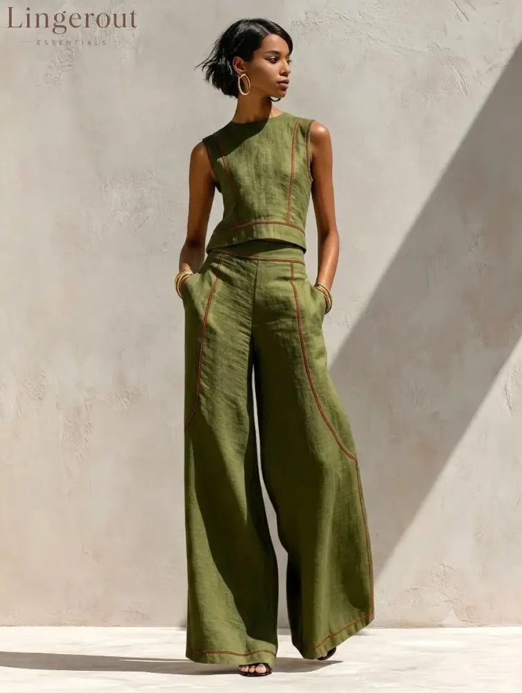 Contrast Stitch Crop Top & Wide-Leg Pants Set - Olive color / S