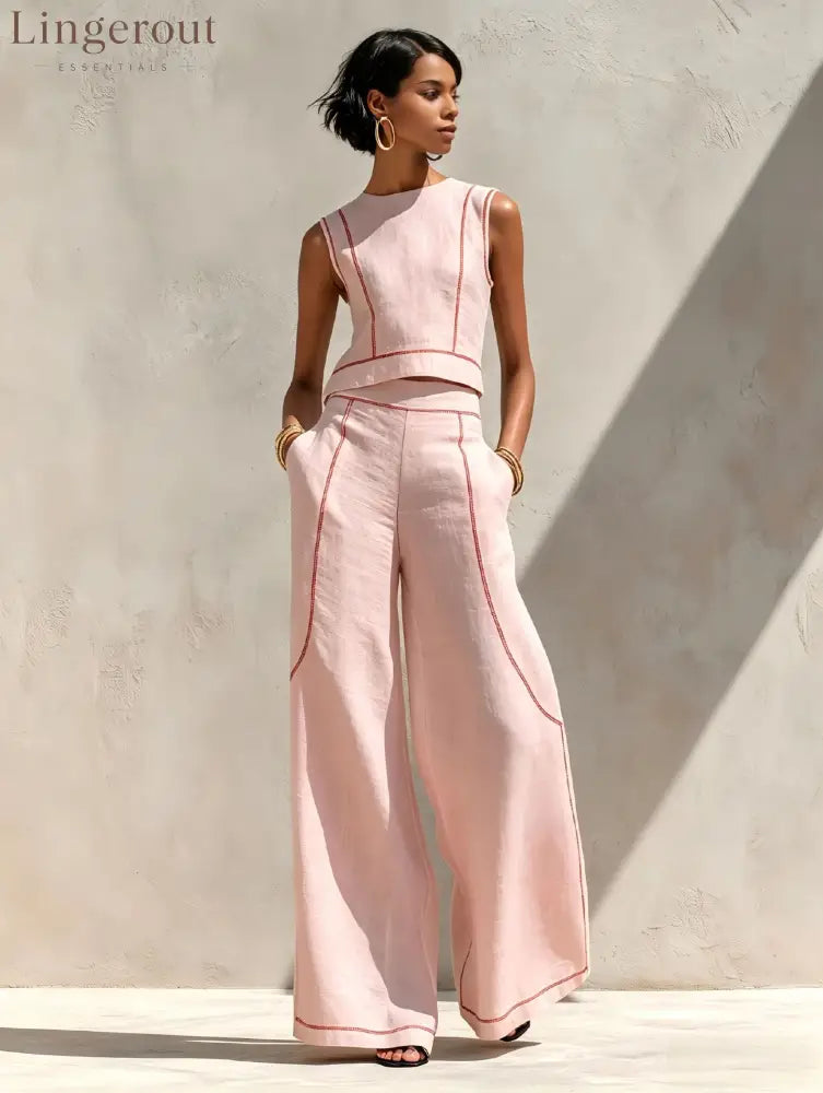 Contrast Stitch Crop Top & Wide-Leg Pants Set - Pink / S