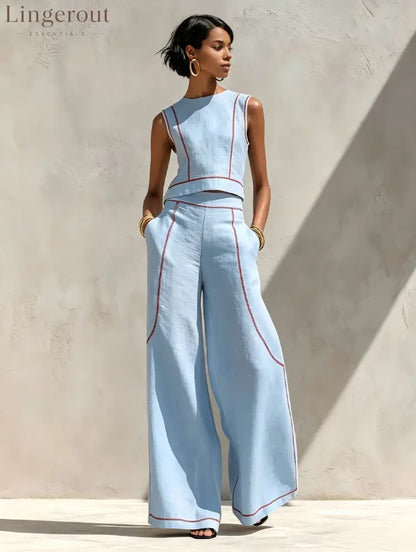 Contrast Stitch Crop Top & Wide-Leg Pants Set - Sky blue / S
