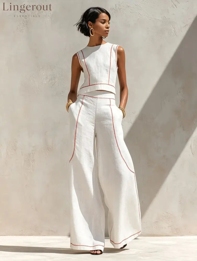 Contrast Stitch Crop Top & Wide-Leg Pants Set - White / S