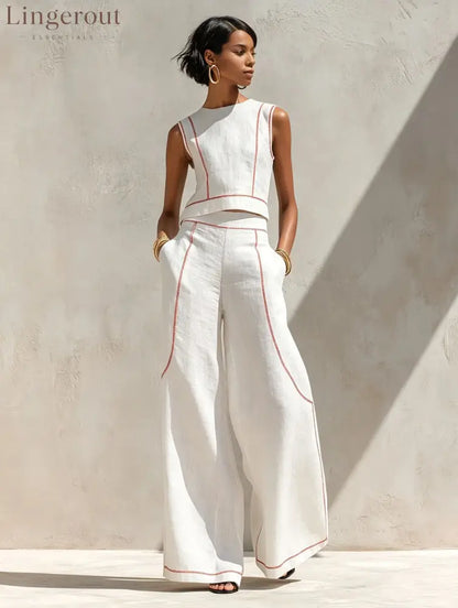 Contrast Stitch Crop Top & Wide-Leg Pants Set - White / S