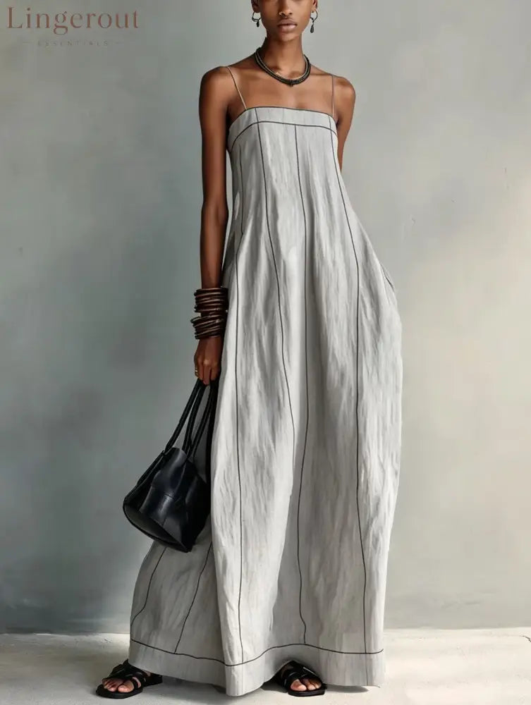 Contrast Stitch Thin Strap Straight Maxi Slip Dress - Grey / S