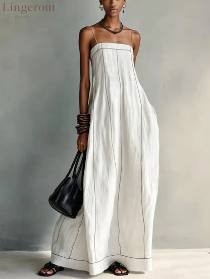 Contrast Stitch Thin Strap Straight Maxi Slip Dress - White / S