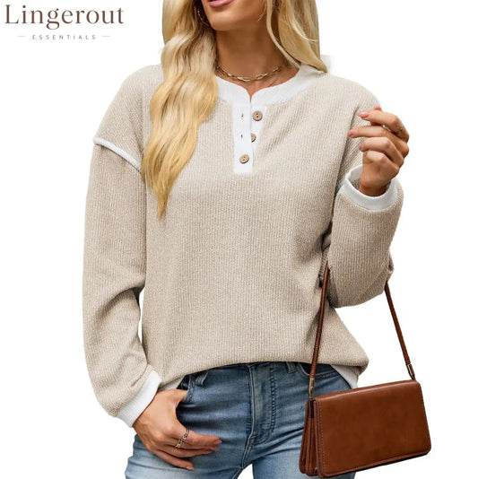 Contrast Trim Henley Knit Long Sleeve Top