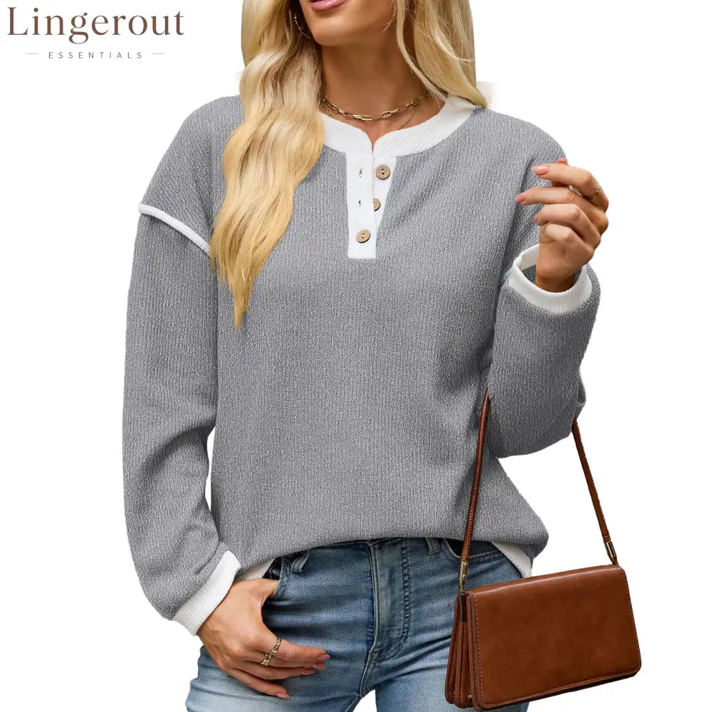 Contrast Trim Henley Knit Long Sleeve Top