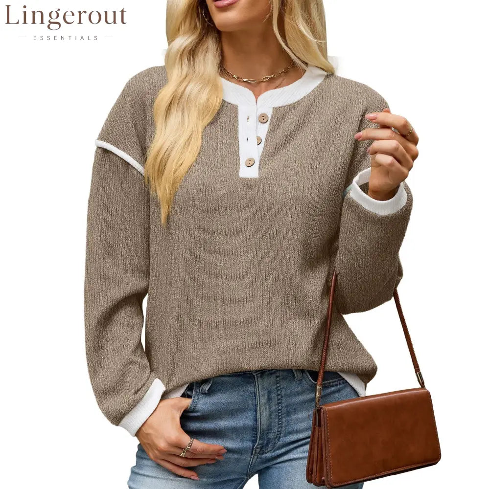 Contrast Trim Henley Knit Long Sleeve Top