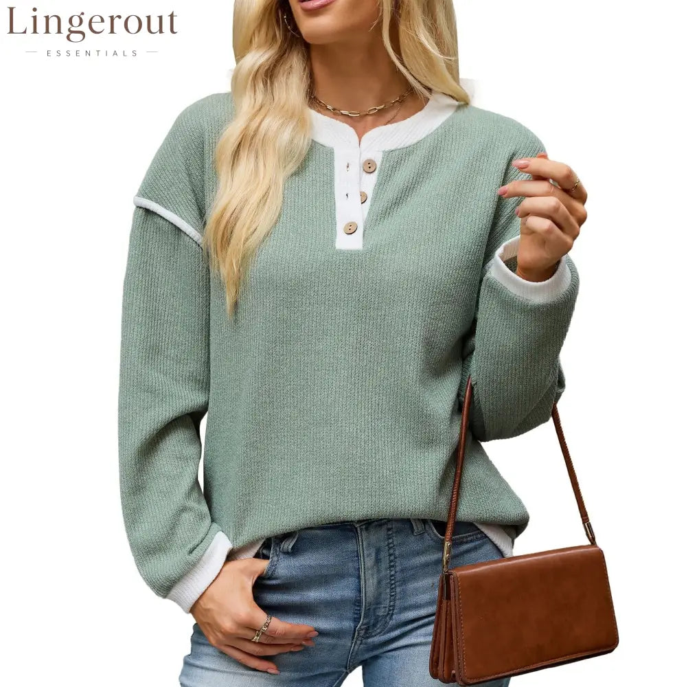 Contrast Trim Henley Knit Long Sleeve Top - Green / S